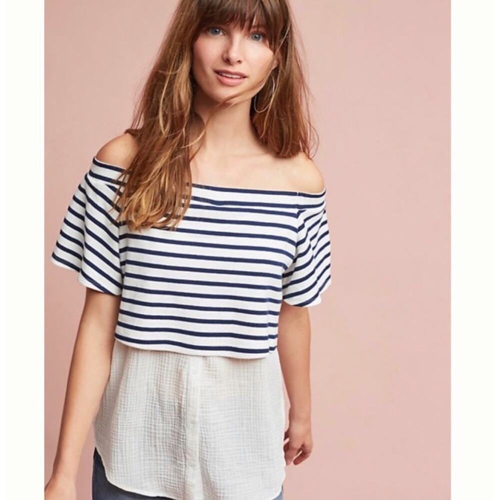 Anthropologie Postmark Layered Off-The-Shoulder Tunic top navy blue white stripe